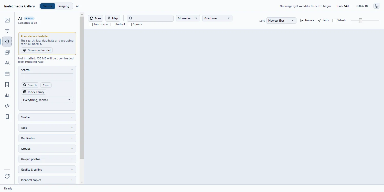 The AI panel before setup, showing AI model not installed, the Download model button and the 438 MB note