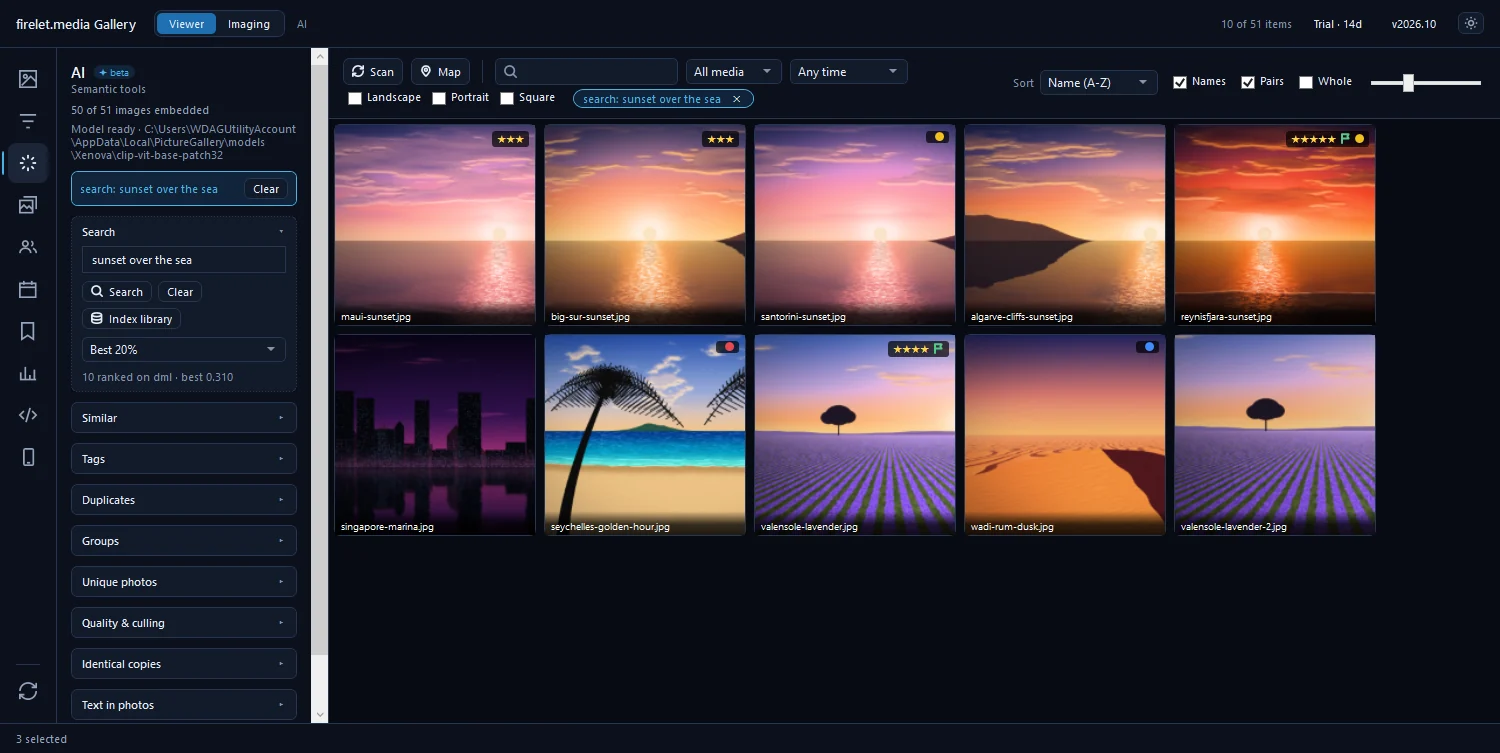 The Search section with sunset over the sea typed in the box, How strict set to Best 20% and sunsets filling the grid