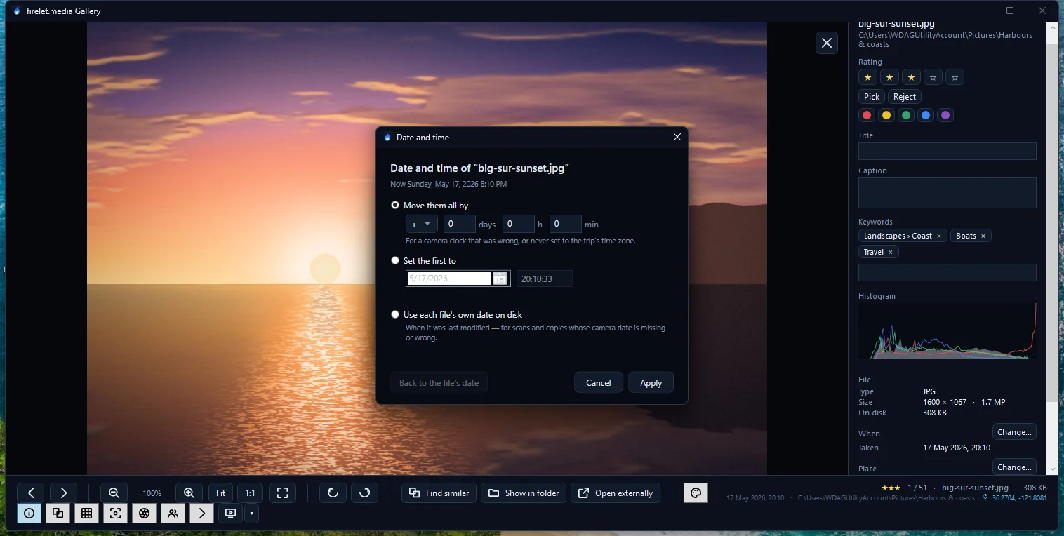 The Date and time dialog with the Move them all by, Set the first to and Use each file's own date on disk options