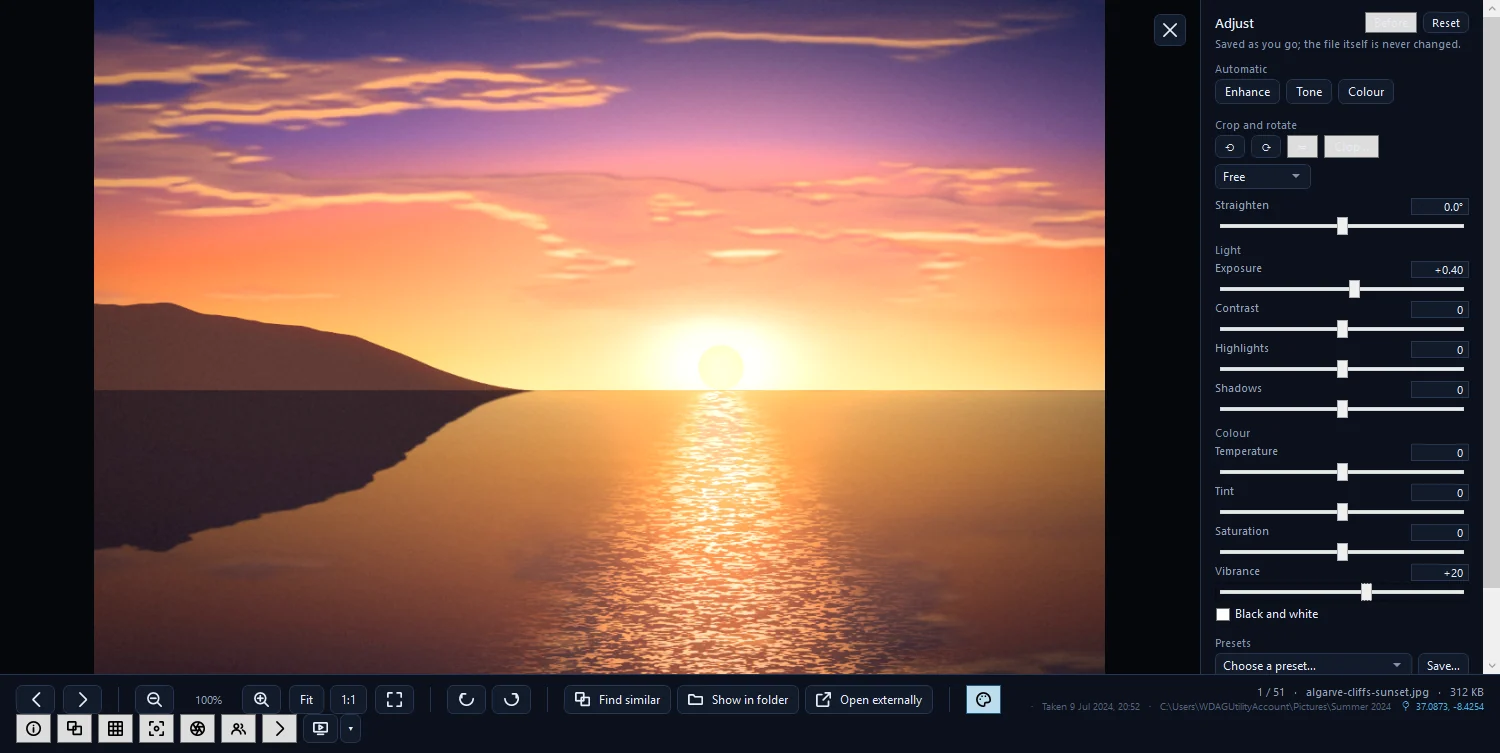 The Adjust panel open beside a photo, with Light and Colour sliders and the note that the file is never changed