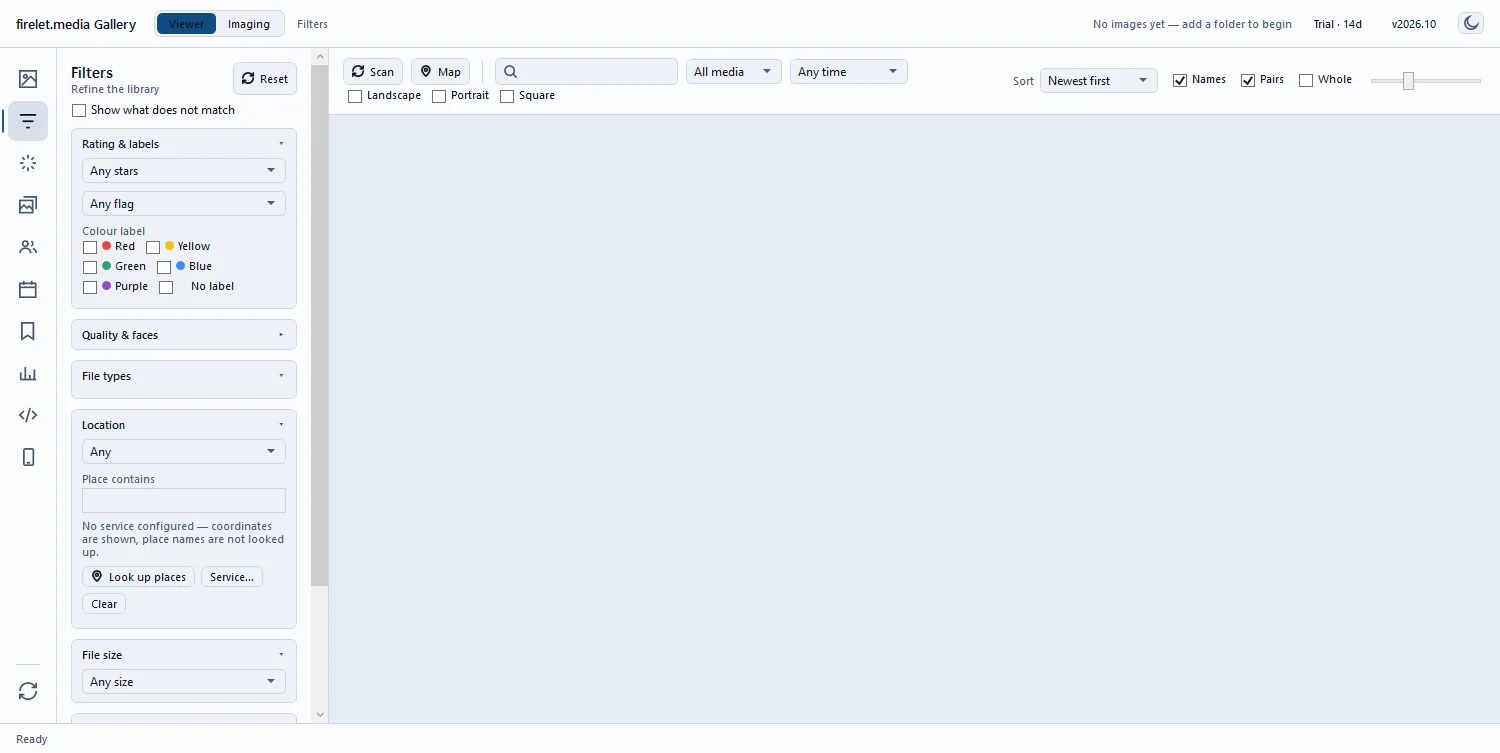 The main window on first launch: an empty grey grid, the Filters panel open and 'No images yet — add a folder to begin' in the title bar