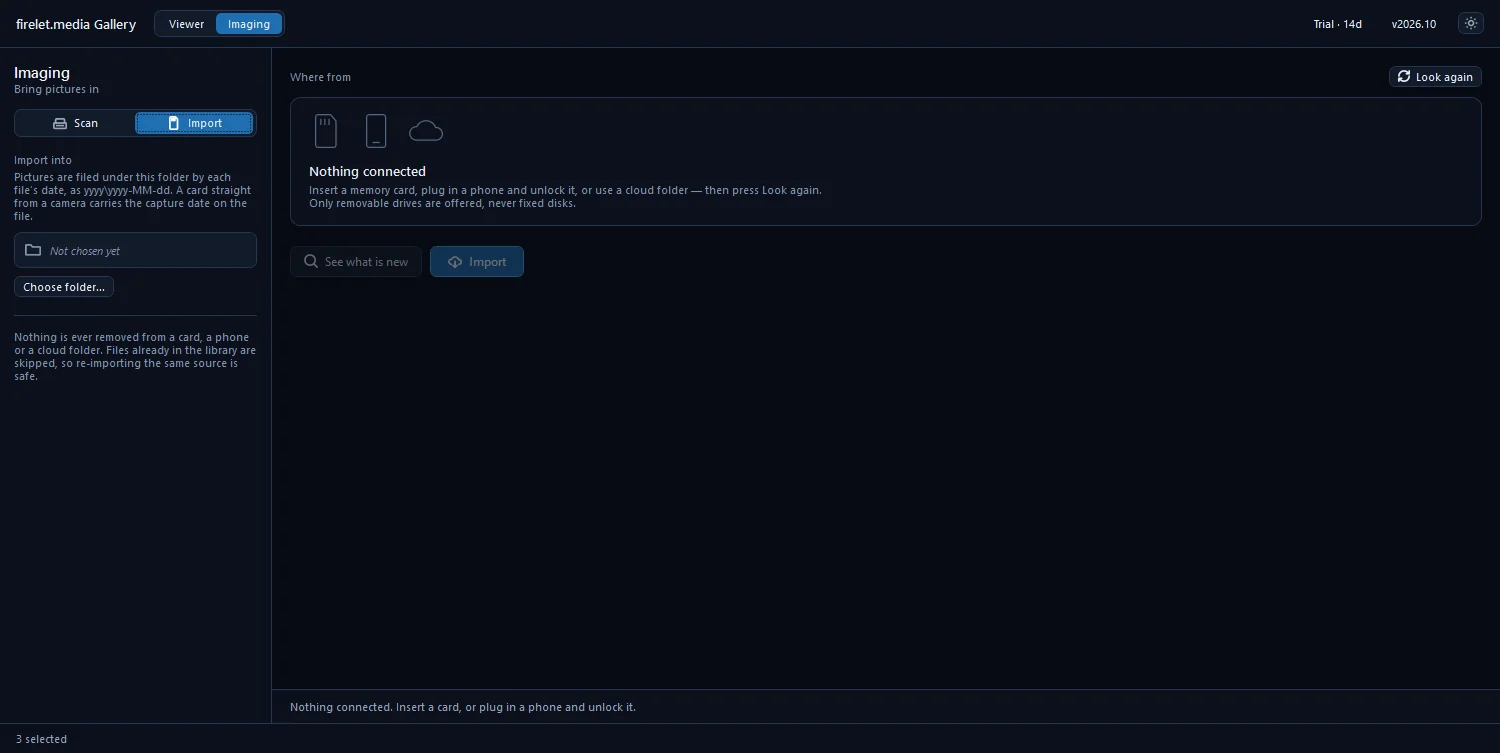 The Import tab of the Imaging view with Import into, Where from, See what is new and Import