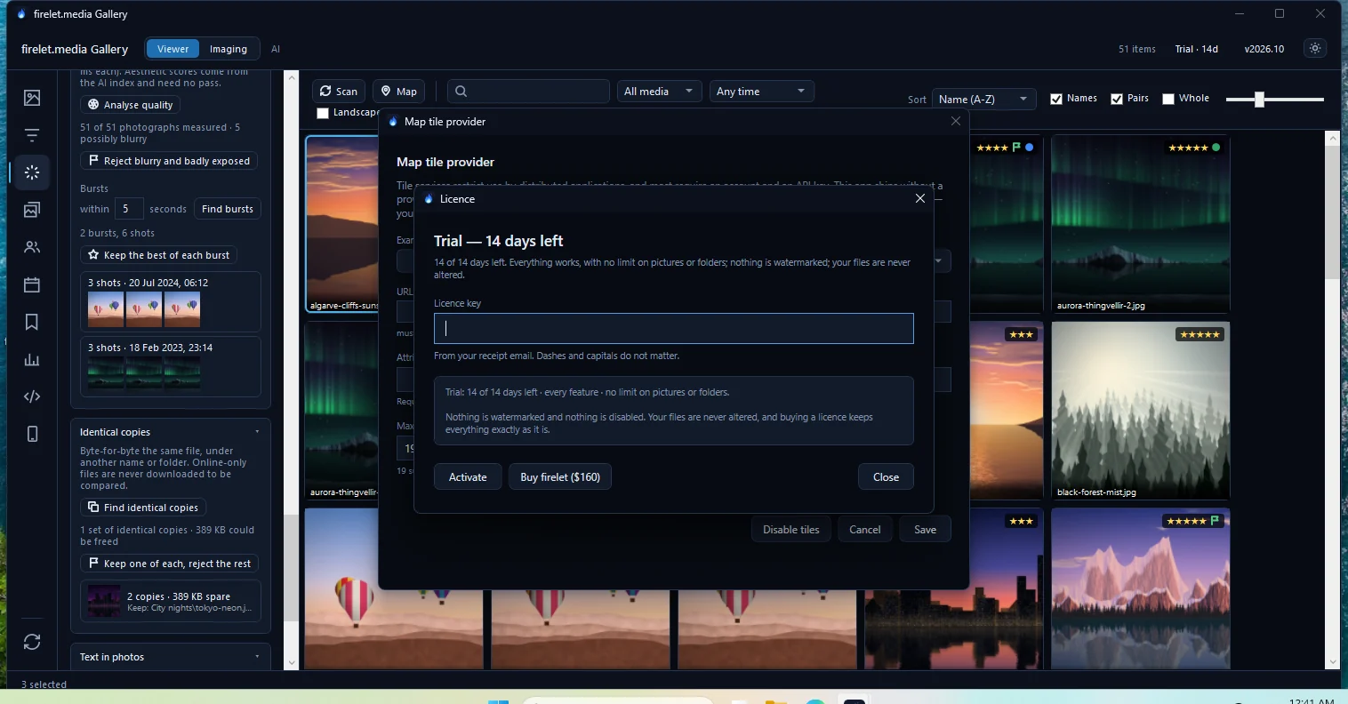 The Licence window, opened from the licence label in the title bar