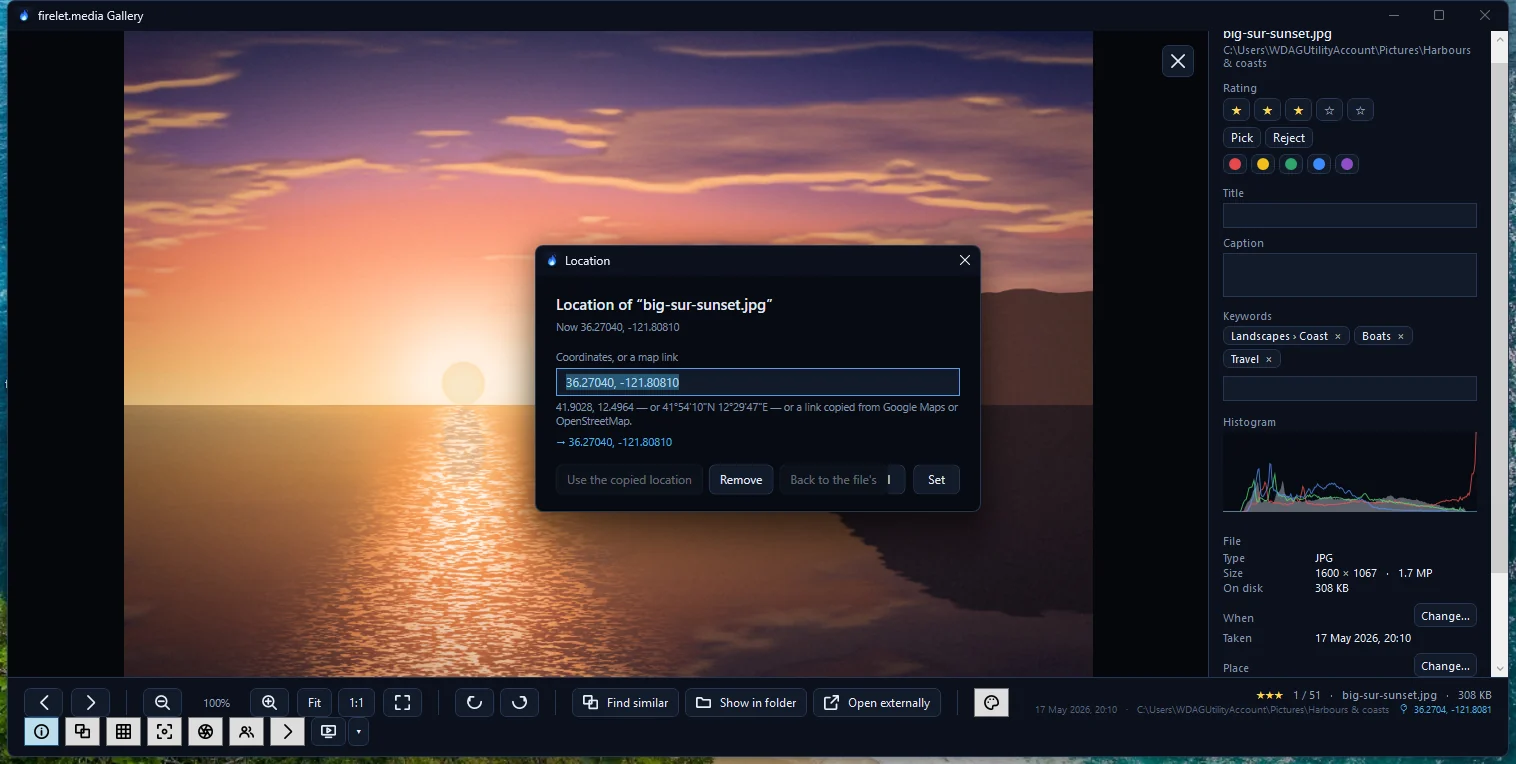The Location dialog with a coordinates box and the Use the copied location, Remove, Back to the file's and Set buttons