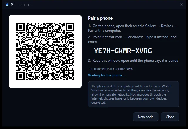 The Pair a phone window with the QR code, the three steps, a 12-character code and the countdown