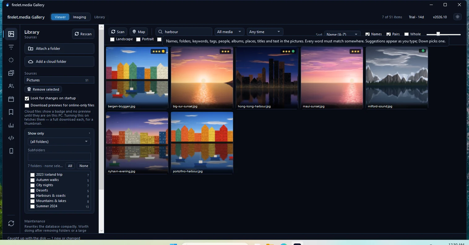 Typing 'harbour' in the search box narrows the grid to harbour photos