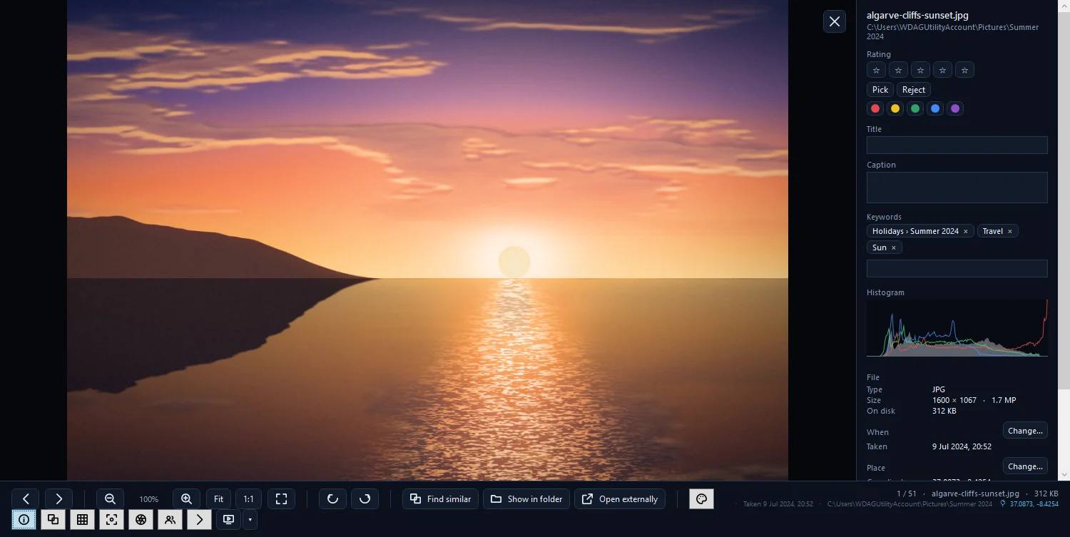 A photo open in the viewer with the info panel beside it